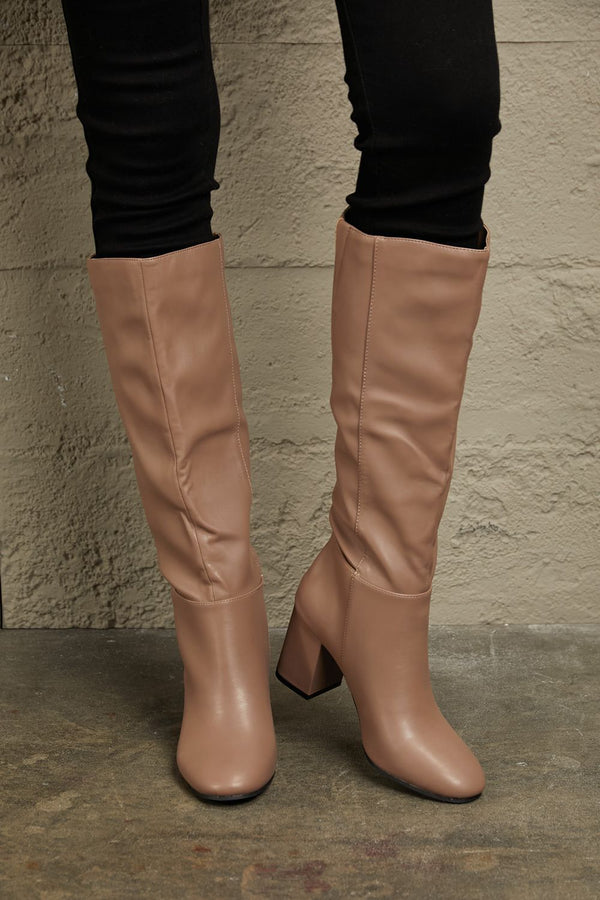 Vegan Leather Knee High Boots in Caramel