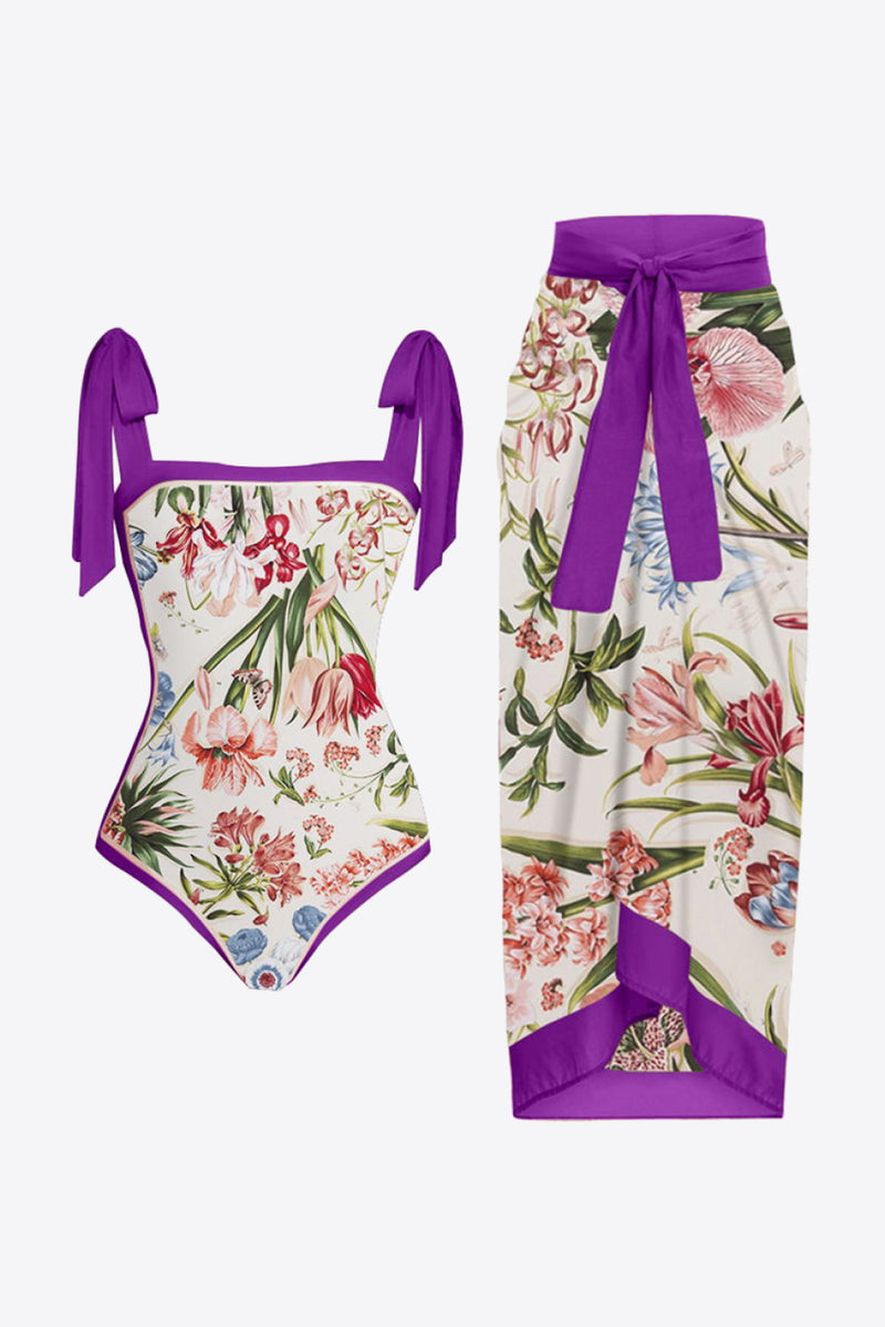 Amethyst Floral One-Piece Swimsuit + Skirt Set