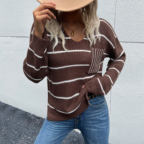 Latte Striped V-Neck Dropped Shoulder Sweater