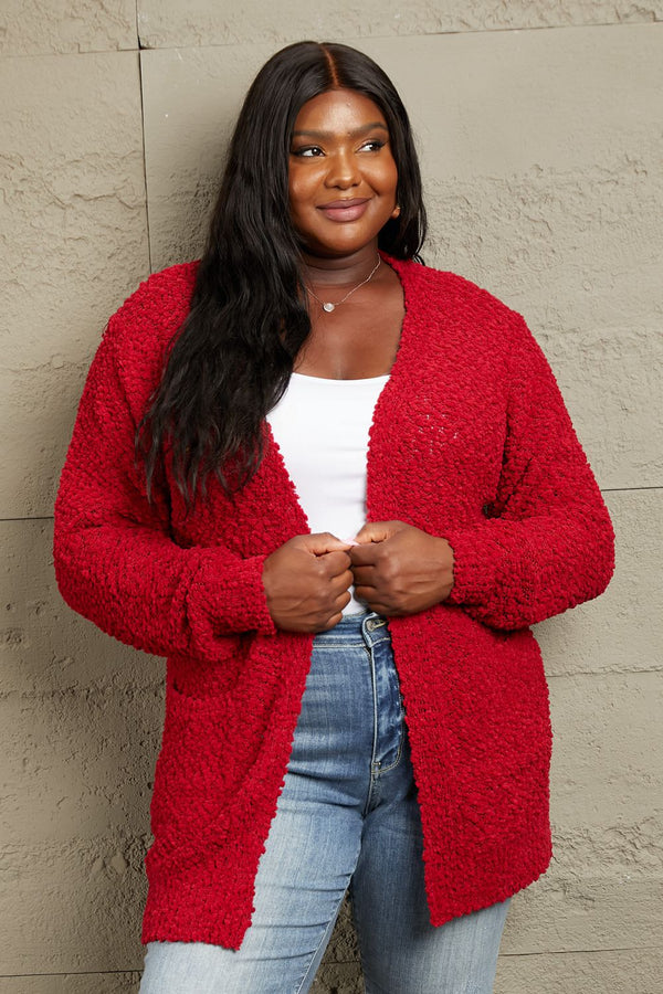 Cloud Nine Fuzzy Soft Pocket Cardigan in Cherry Red