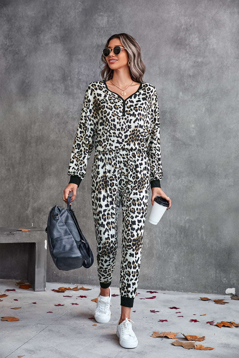 Leopard Henley Top & Joggers Loungewear Set