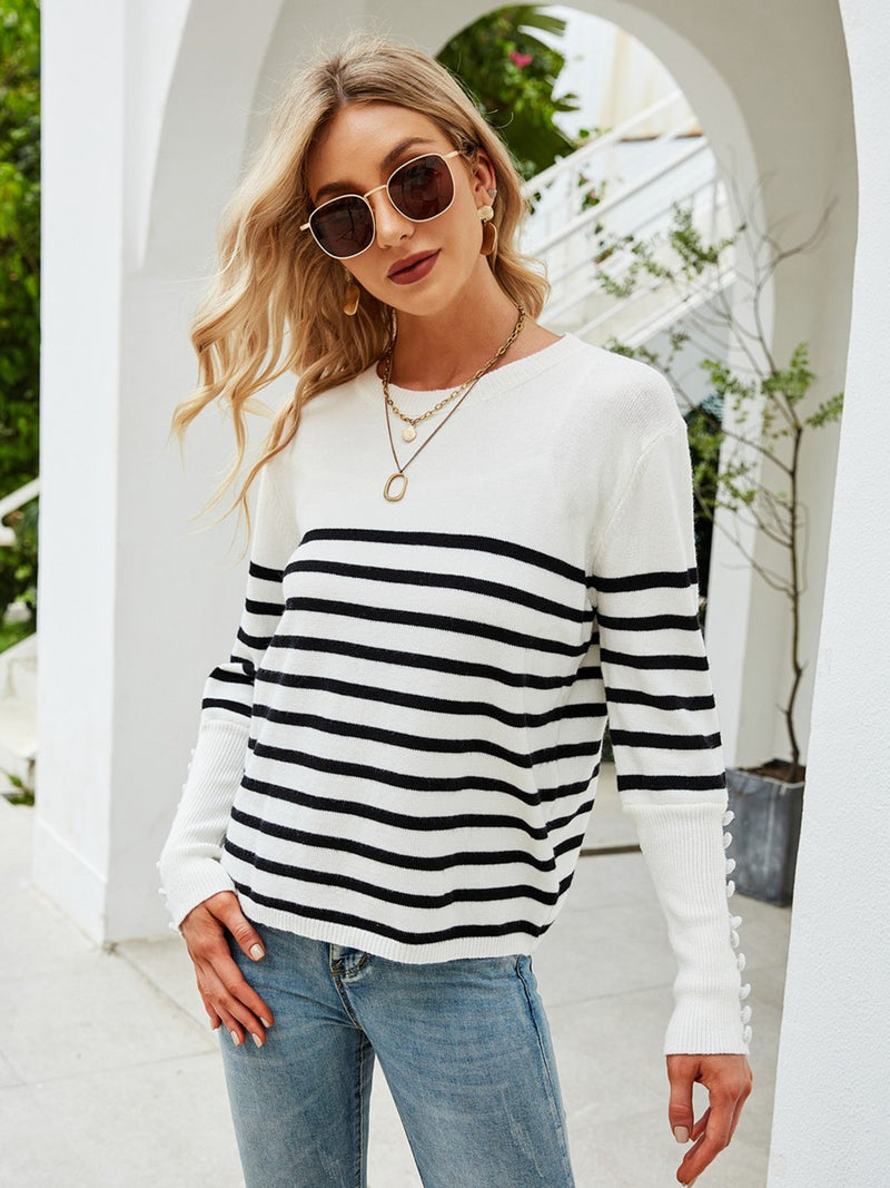 Skylar Striped Decorative Button Knit Top | 3 COLORS