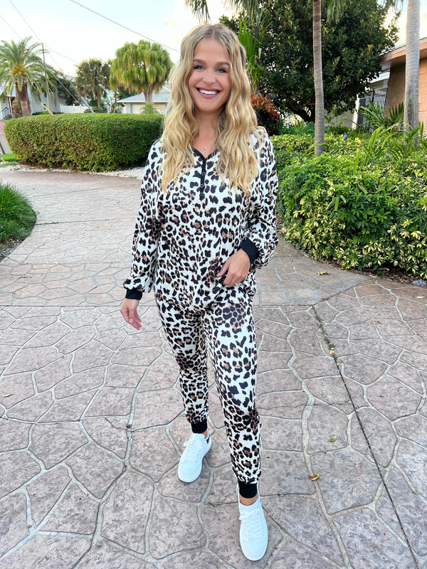 Leopard Henley Top & Joggers Loungewear Set