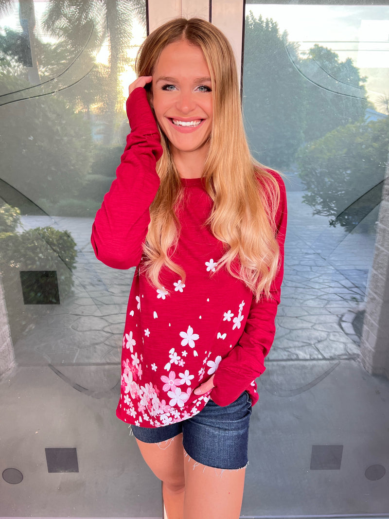 Floral Trickle Cranberry Round Thumbhole Top