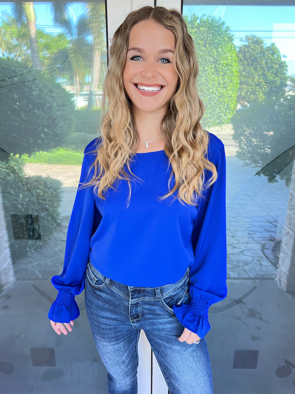 Royal Blue Round Neck Flounce Sleeve Blouse