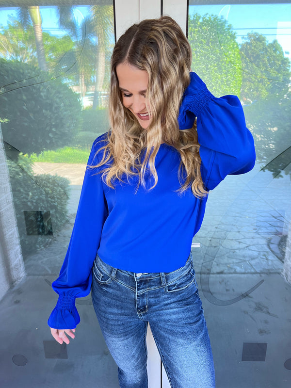 Royal Blue Round Neck Flounce Sleeve Blouse