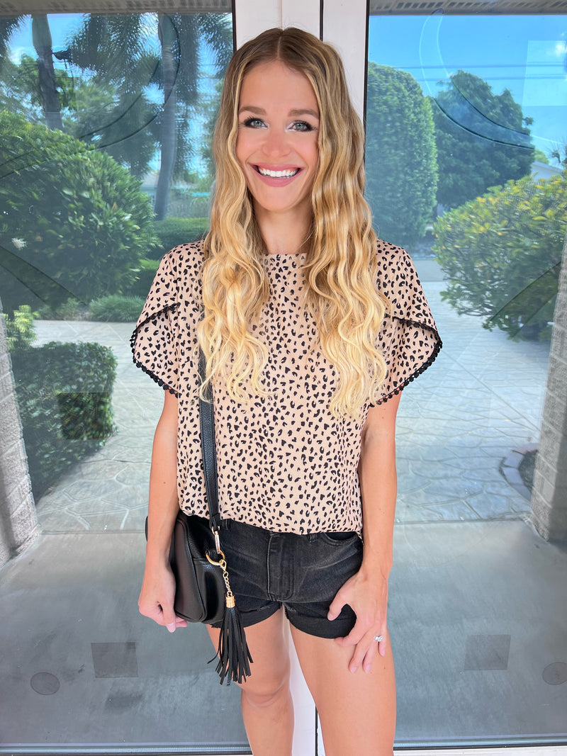 Pom Pom Petal Sleeve Leopard Blouse