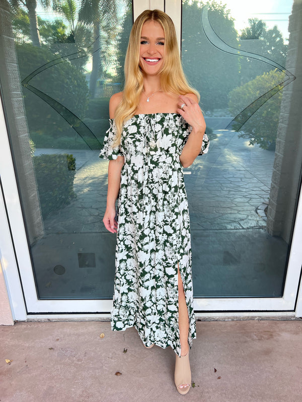 Darla Deep Green Floral Slit Off-Shoulder Midi Dress