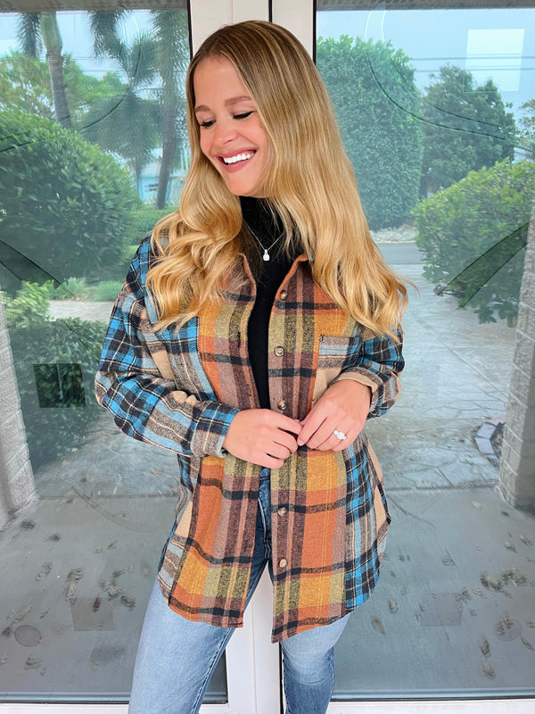 Pop of Teal Plaid Curved Hem Shirt Jacket