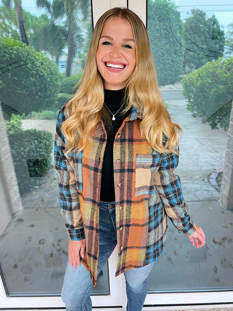 Pop of Teal Plaid Curved Hem Shirt Jacket