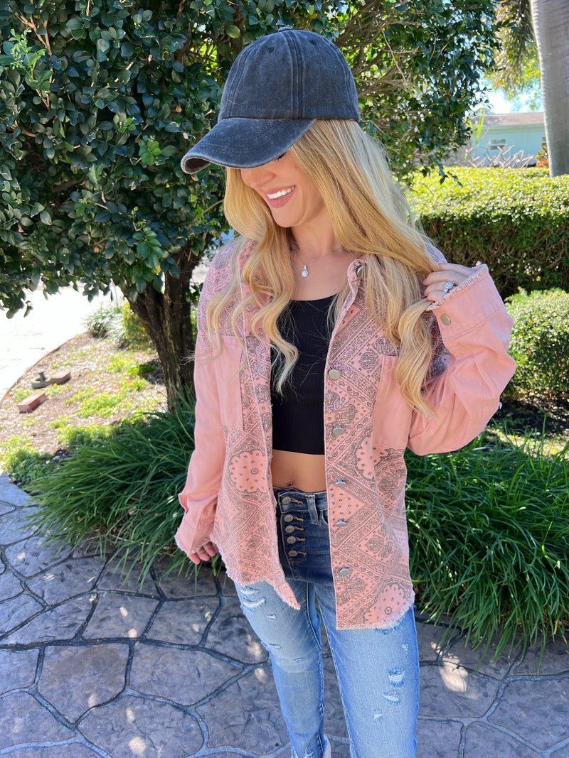 Pink Boho Printed Raw Hem Denim Jacket