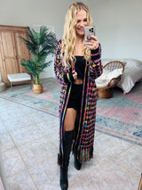 Boho Multicolor Fringe Hem Longline Cardigan