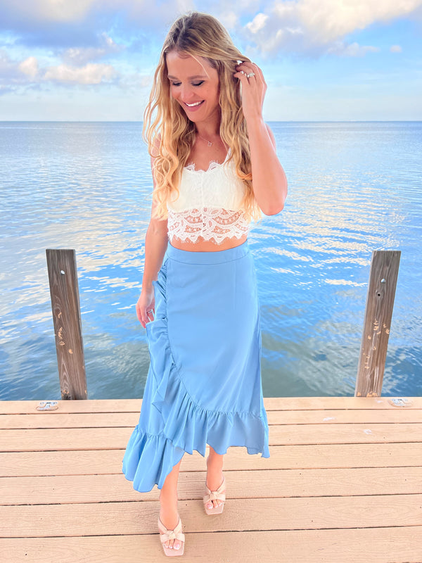 Sky Blue Ruffle Trim Midi Skirt