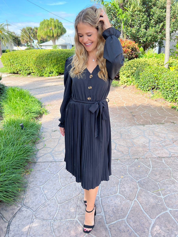 Classy Belted Puff Sleeve Pleated Dress