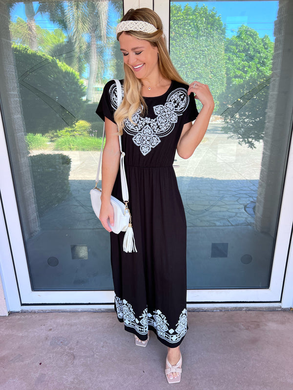 Heimish Damask Pocketed Midi Dress