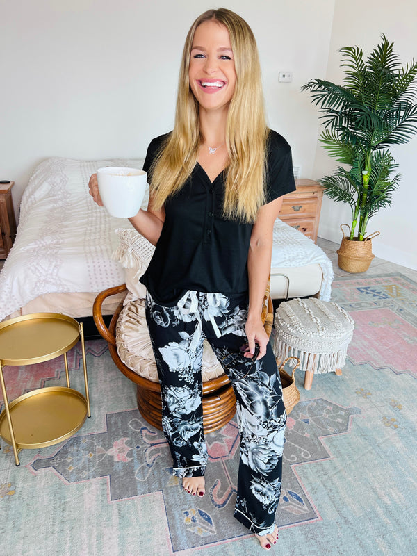 Buttoned Top and Floral Pants Lounge / Pajama Set