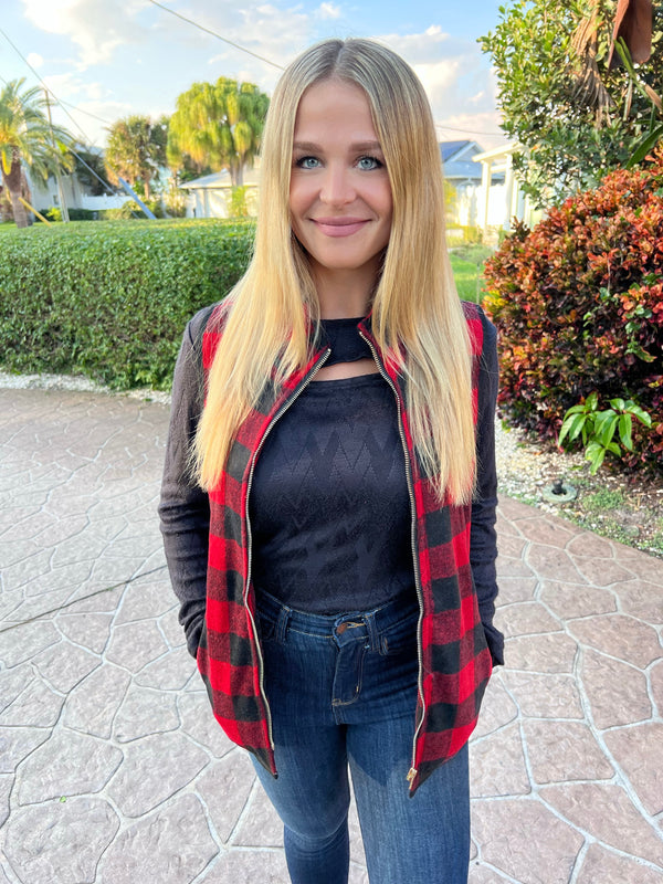 Good Tidings Red Buffalo Plaid Zip Up Vest