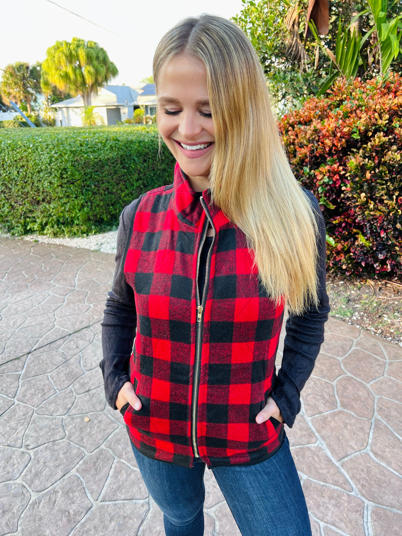 Good Tidings Red Buffalo Plaid Zip Up Vest