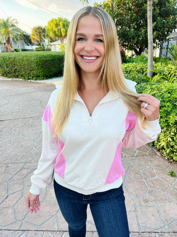 Pink Accent Color Block Quarter-Zip Sweatshirt