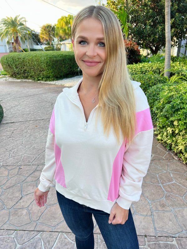 Pink Accent Color Block Quarter-Zip Sweatshirt