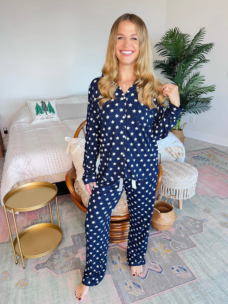 Midnight Stars Ultra-Soft Button-Up Shirt + Pants Pajama Set