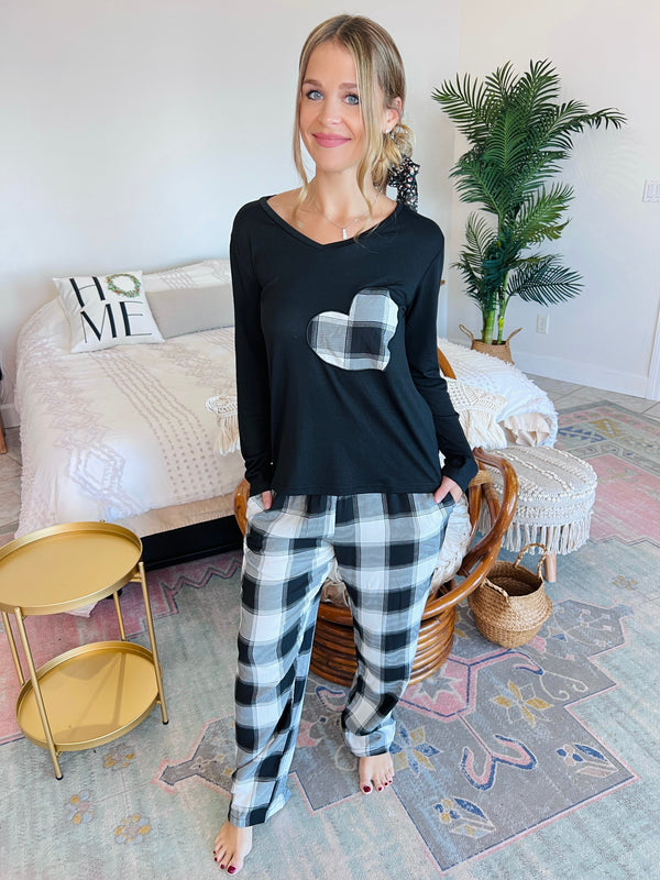 Black Plaid Heart Top and Pocket Pants Lounge / Pajama Set