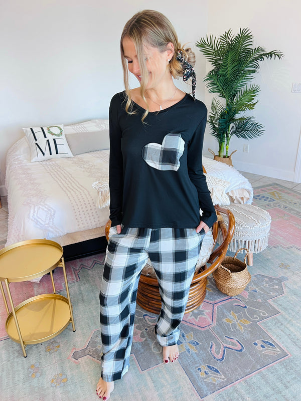 Black Plaid Heart Top and Pocket Pants Lounge / Pajama Set