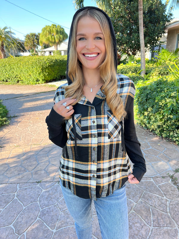 Plaid Contrast Drawstring Button Front Hoodie