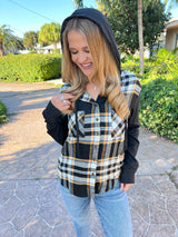 Plaid Contrast Drawstring Button Front Hoodie