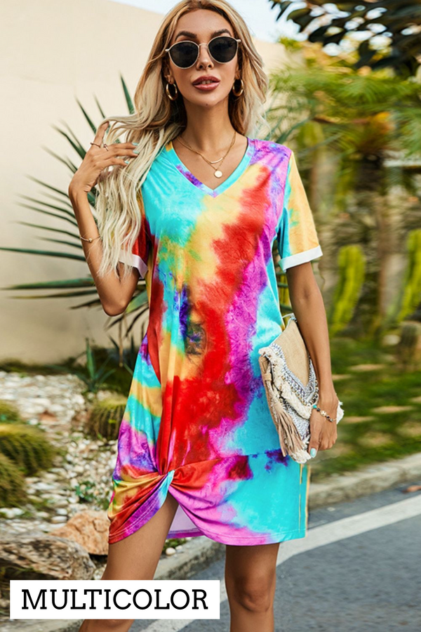 Twisted V-Neck Tee Shirt Dress | 12 Colors