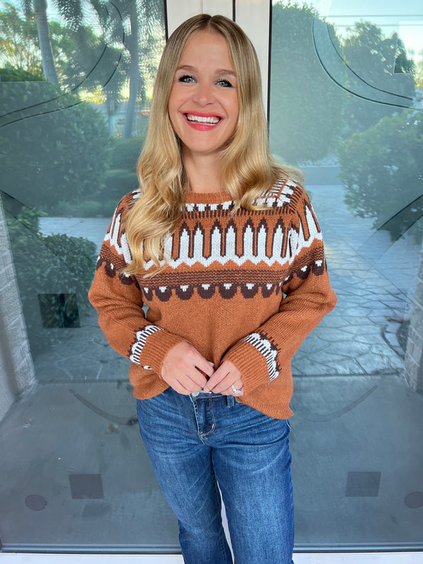 Sweet Caramel Boho Patterned Round Neck Sweater