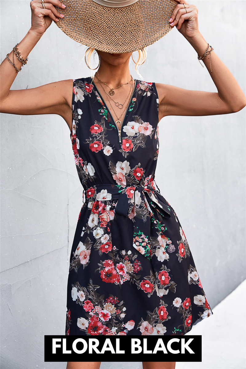 In the Tropics Printed Zip Up Sleeveless Dress | 6 Colors