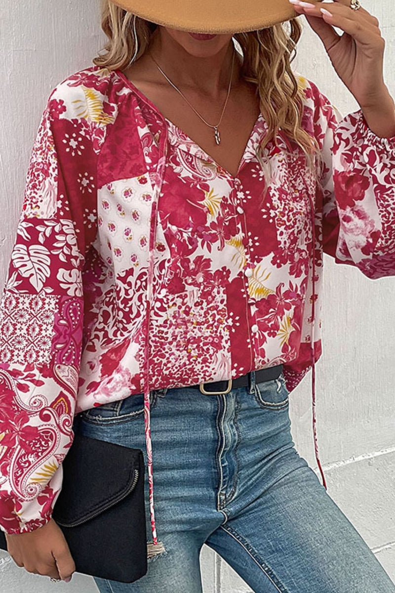 Pink Mix Boho Buttoned Tie-Neck Blouse