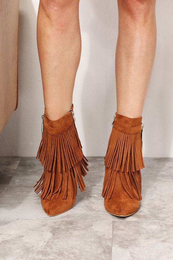 Tassel Wedge Heel Ankle Booties in Camel