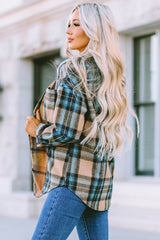 Pop of Teal Plaid Curved Hem Shirt Jacket