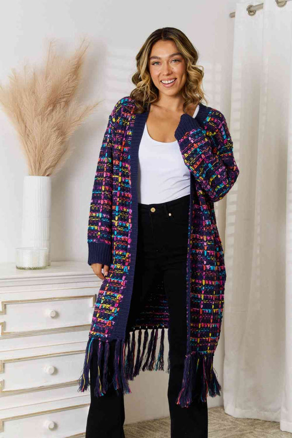 Boho Multicolor Fringe Hem Longline Cardigan - Pocketed Navy