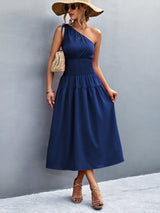 One Shoulder Smocked Waist Midi Dress | 3 Colors