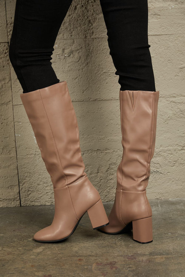 Vegan Leather Knee High Boots in Caramel