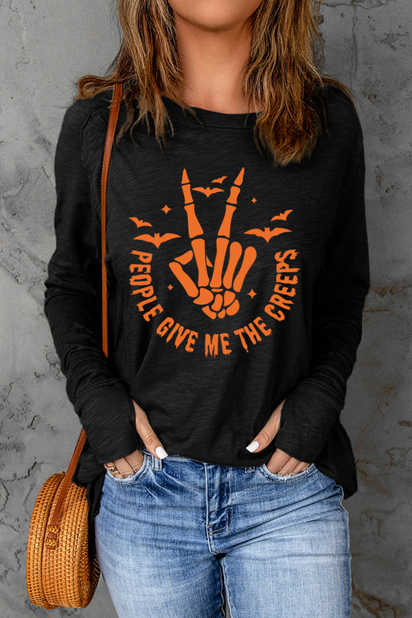 Skeleton Peace Long Sleeve Thumbhole Graphic Top