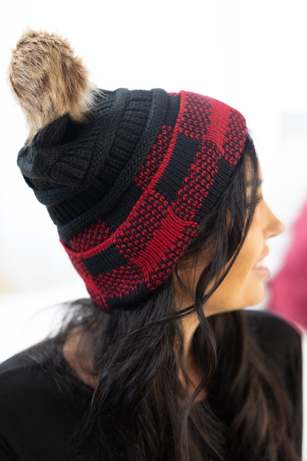 Red Plaid Pom Beanie