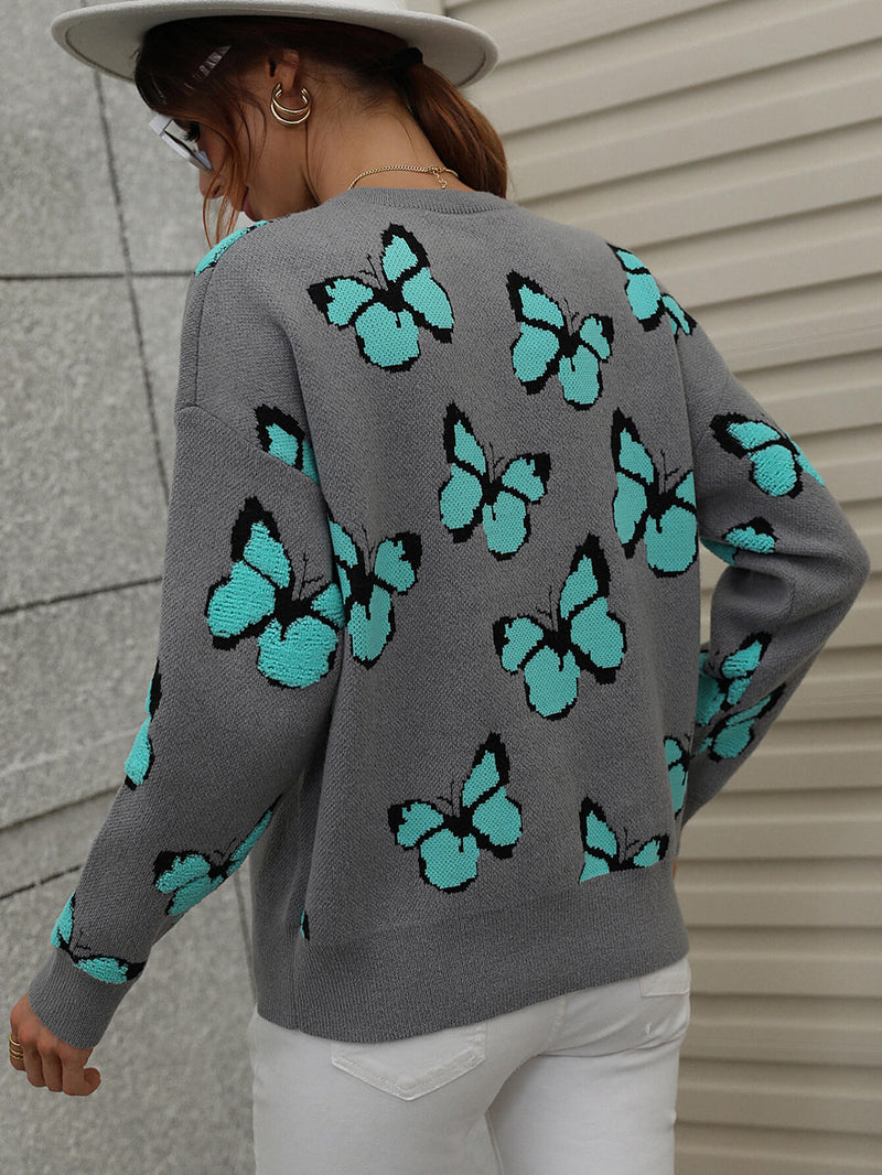 Butterfly Dropped Shoulder Crewneck Sweater - Black Feather