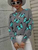 Butterfly Dropped Shoulder Crewneck Sweater - Black Feather