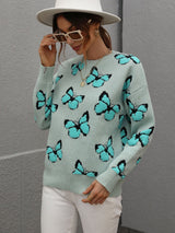 Butterfly Dropped Shoulder Crewneck Sweater - Black Feather