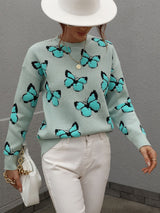 Butterfly Dropped Shoulder Crewneck Sweater - Black Feather