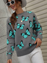 Butterfly Dropped Shoulder Crewneck Sweater - Black Feather