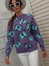 Butterfly Dropped Shoulder Crewneck Sweater - Black Feather