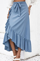 Sky Blue Ruffle Trim Midi Skirt