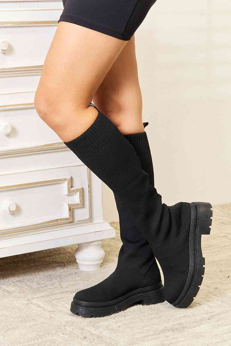 Black Knee-High Knit Boots