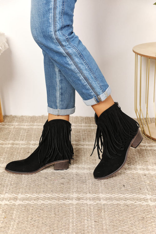 Fringe Cowboy Western Ankle Boots in Black