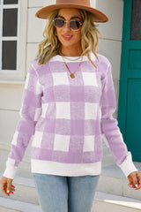 Chelsea Checkered Ribbed Trim Knit Pullover | 3 COLORS